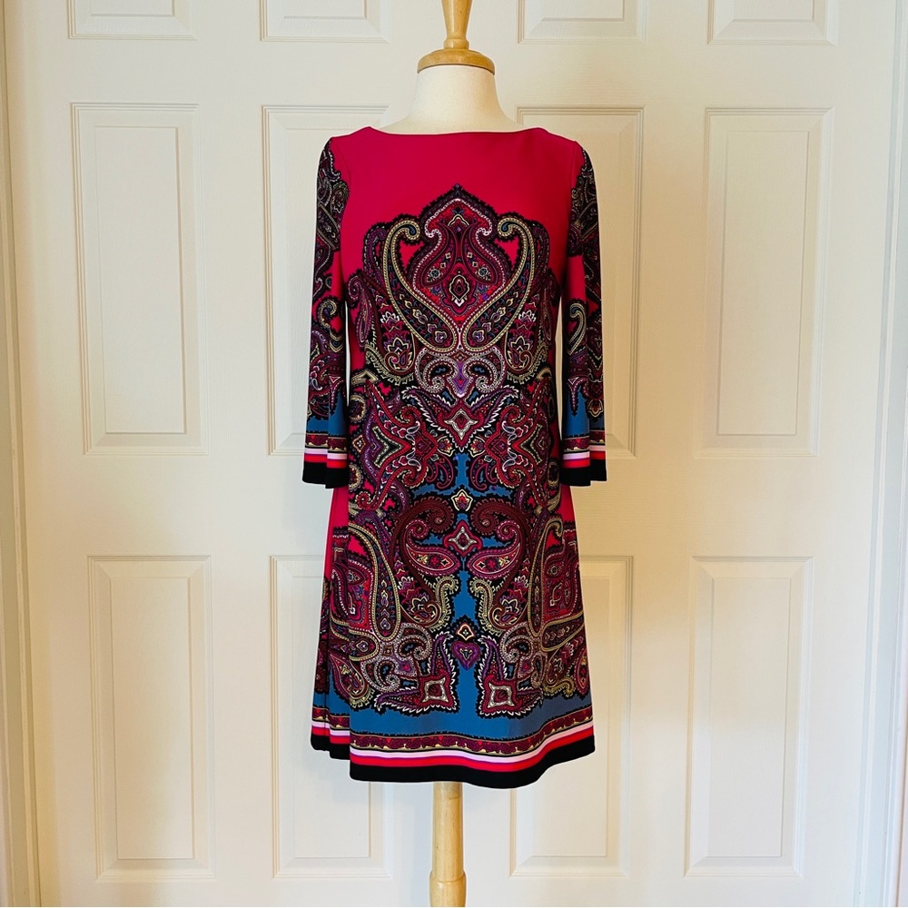 Muse Cranberry and Black Sheath Dress 3/4 Sleeve Bateau Neckline